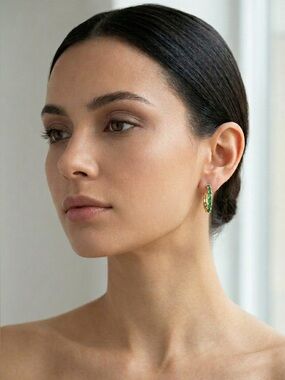 6 Green Stone Hoop Earrings - Gold Finish